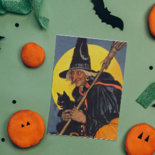 Tarjeta Bruja vintage con gato negro