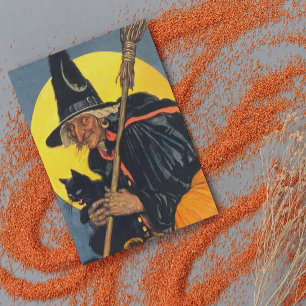 Tarjeta Bruja vintage con gato negro