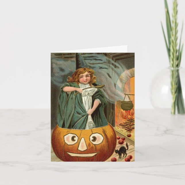 Tarjeta Bruja Vintage de Halloween (Anverso)