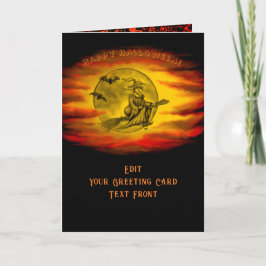 Tarjeta Bruja voladora con gato negro, noche de halloween