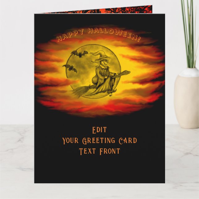 Tarjeta Bruja voladora con gato negro, noche de halloween (Anverso)