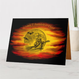 Tarjeta Bruja voladora con gato negro, noche de halloween