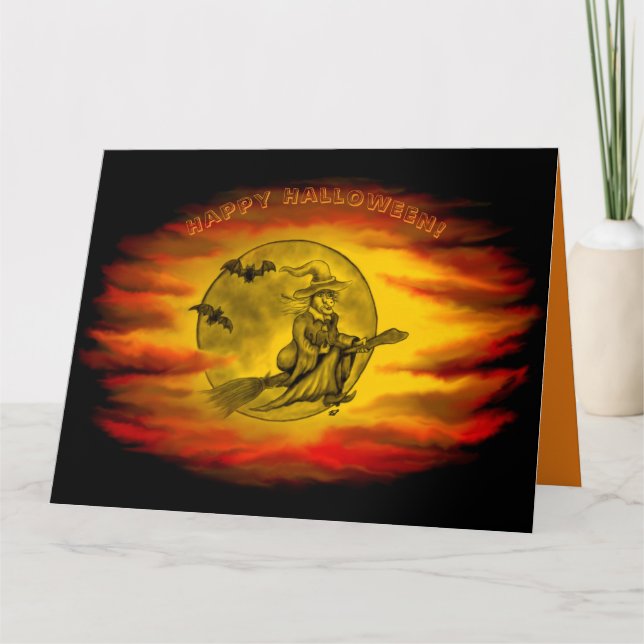 Tarjeta Bruja voladora con gato negro, noche de halloween (Anverso)