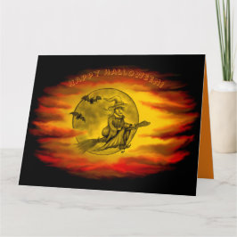 Tarjeta Bruja voladora con gato negro, noche de halloween