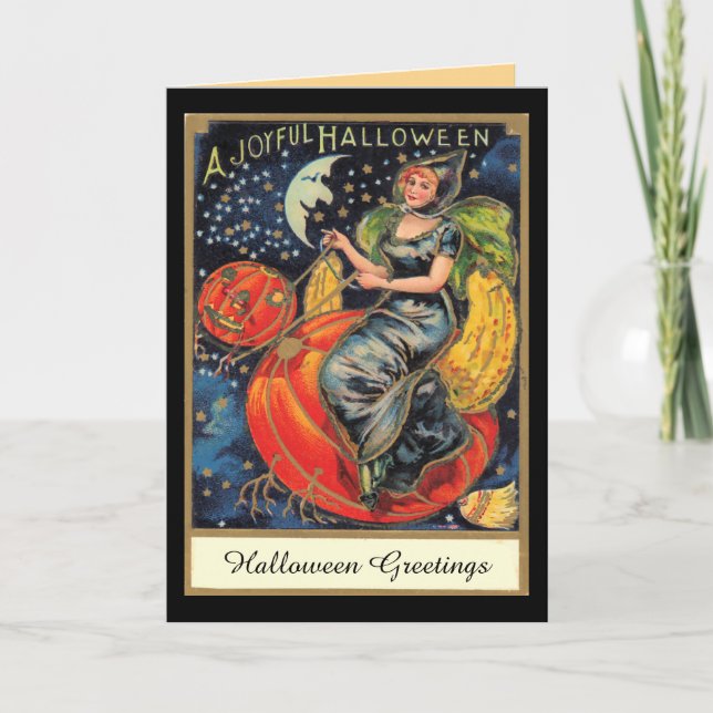 Tarjeta Bruja voladora de calabaza (Anverso)