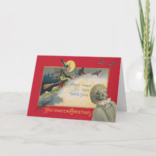 Tarjeta Bruja Voladora Gato Negro Murciélago Luna Llena