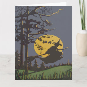Tarjeta Bruja Voladora Silueta Luna Llena Telaraña