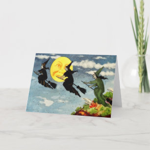 Tarjeta Bruja Volando Escoba Hombre En La Luna Cielo