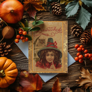 Tarjeta Bruja y búho embrujados de Halloween vintage