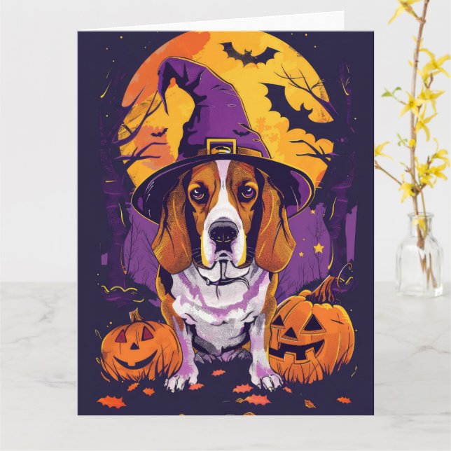 Tarjeta Bruja Y Calabaza De Halloween Beagle Tocante (flor amarilla)