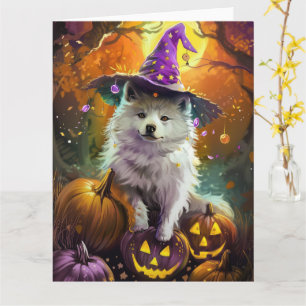 Tarjeta Bruja y calabaza espeluznantes de Halloween del es