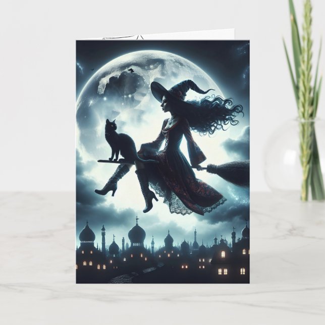 Tarjeta Bruja y gato de Halloween en un bastón (Anverso)