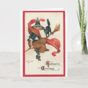 Tarjeta Bruja y gato en broomstick