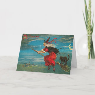 Tarjeta Bruja y gato en el bastón