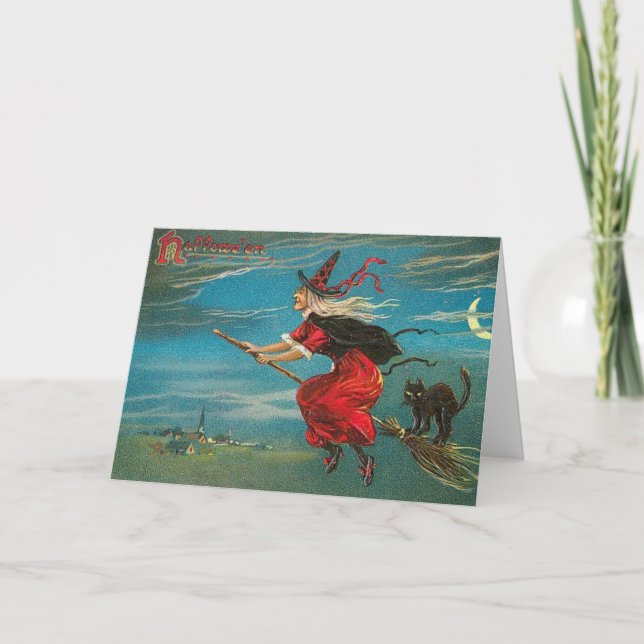 Tarjeta Bruja y gato en el bastón (Anverso)