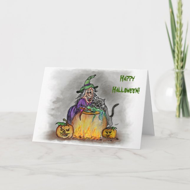 Tarjeta Bruja y gato, ¡Feliz Halloween! (Anverso)
