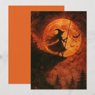Tarjeta Bruja y luna acantilado Halloween fantasmal