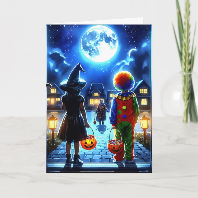 Tarjeta Bruja y payaso mirando un Monster Halloween (Anverso)