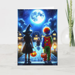 Tarjeta Bruja y payaso mirando un Monster Halloween