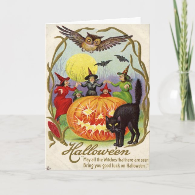 Tarjeta Brujas Bailando Alrededor de Jack O' Lantern (Anverso)
