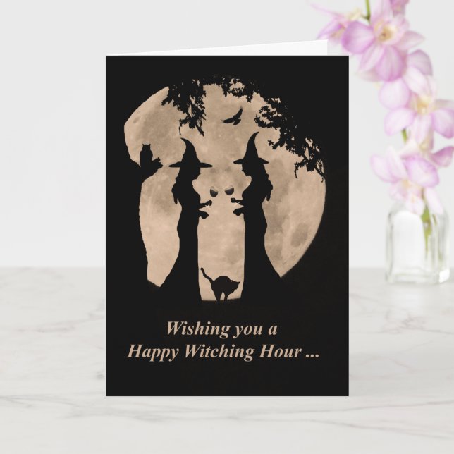Tarjeta Brujas y vinos Feliz Halloween (Orquídea)