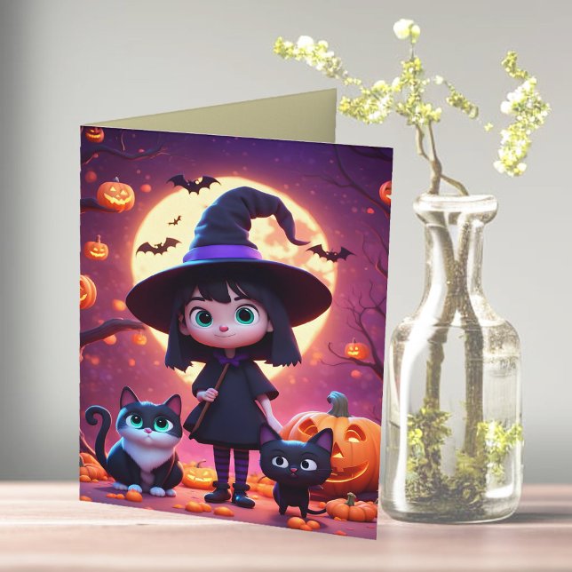 Tarjeta Brujita adorable con gatos y calabazas, personaliz (Subido por el creador)