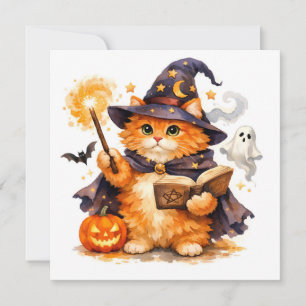 Tarjeta Brujo de gato naranja de Halloween en acuarela