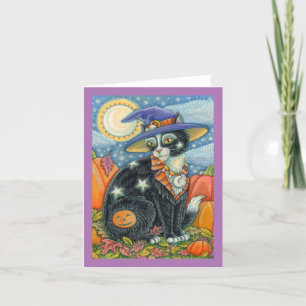 Tarjeta BRUJO GATO NEGRO HOCUS POCUS, RATÓN HALLOWEEN En B