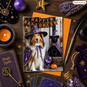 Tarjeta Brujos Caprichosos Collie y Gato Halloween Doblez