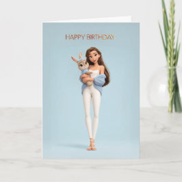 Tarjeta Brunette Girl in Blue Cardigan w/ White Bunny BDay