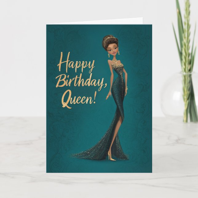 Tarjeta Brunette Girl in Dark Teal Gown Happy BDay Queen (Anverso)