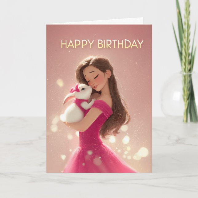Tarjeta Brunette Girl in Hot Pink w/ Sweet Bunny BDay (Anverso)