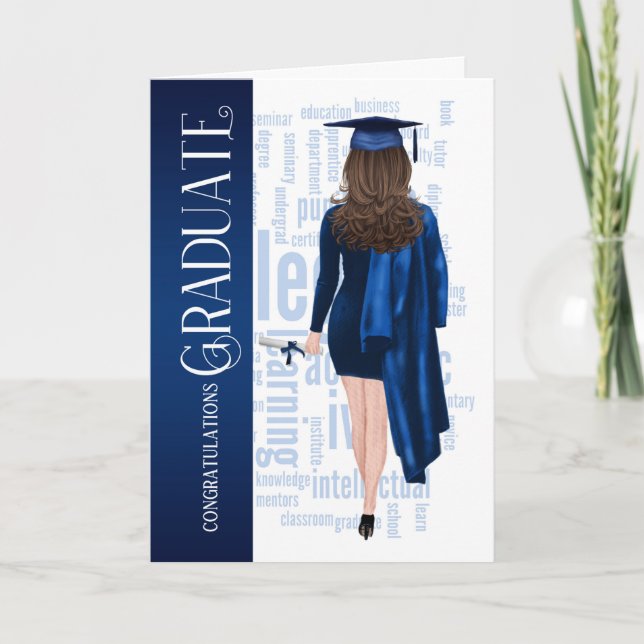 Tarjeta Brunette Hair Blue Cap y Gown Femenino Graduada (Anverso)