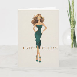 Tarjeta Brunette in Elegant Dark Teal Dress Fashion BDay
