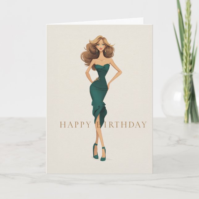 Tarjeta Brunette in Elegant Dark Teal Dress Fashion BDay (Anverso)