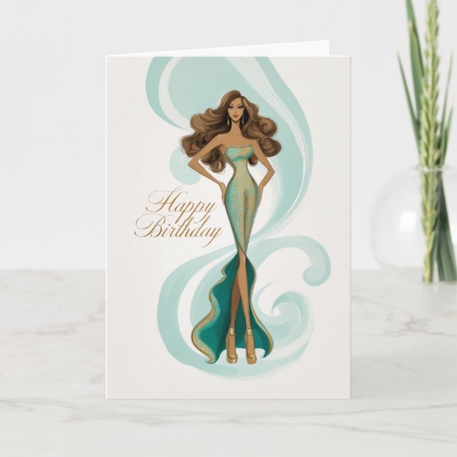 Tarjeta Brunette in Elegant Teal Gold Glam Fashion BDay (Anverso)