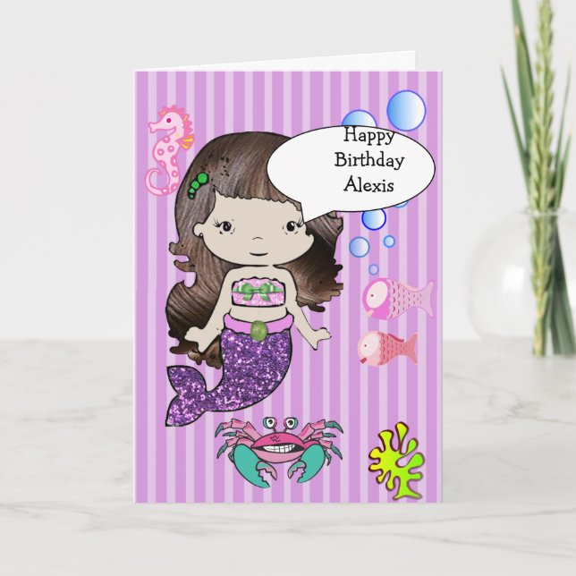 Tarjeta Brunette Purple Mermaid Happy Birday Card (Anverso)