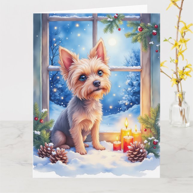 Tarjeta Brussels Griffon Frosted Window Christmas Art (flor amarilla)