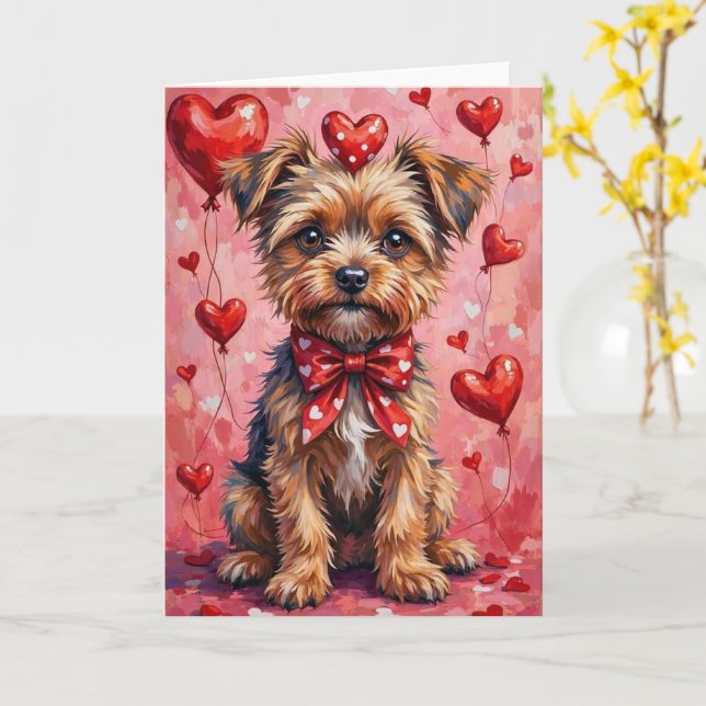 Tarjeta Brussels Griffon Valentine Dog Sitting with Hearts (flor amarilla)