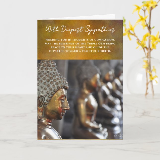 Tarjeta Buddhist Sympathy Card with Golden Buddha Statues (flor amarilla)
