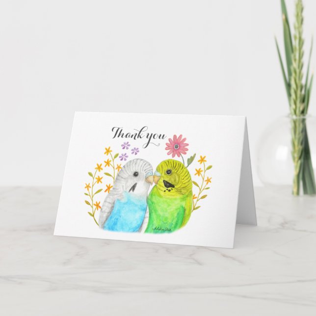 Tarjeta Budgie Couple Boda Gracias a los amorosos (Anverso)