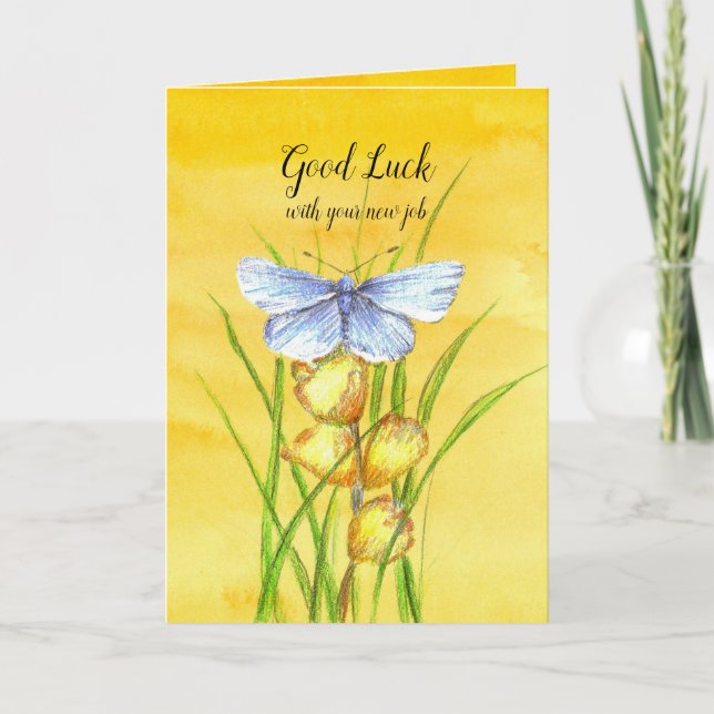 Tarjeta Buena Suerte Con Tu Nuevo Trabajo Mariposa Azul (Anverso)