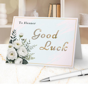 Tarjeta Buena Suerte Elegante Floral Rosa Azul Pastel