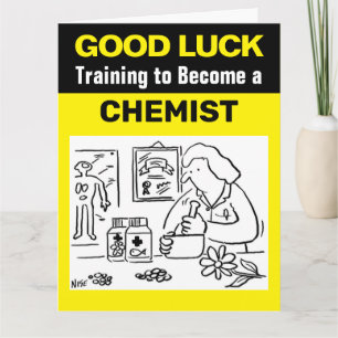 Tarjeta Buena suerte entrenando para convertirse en químic