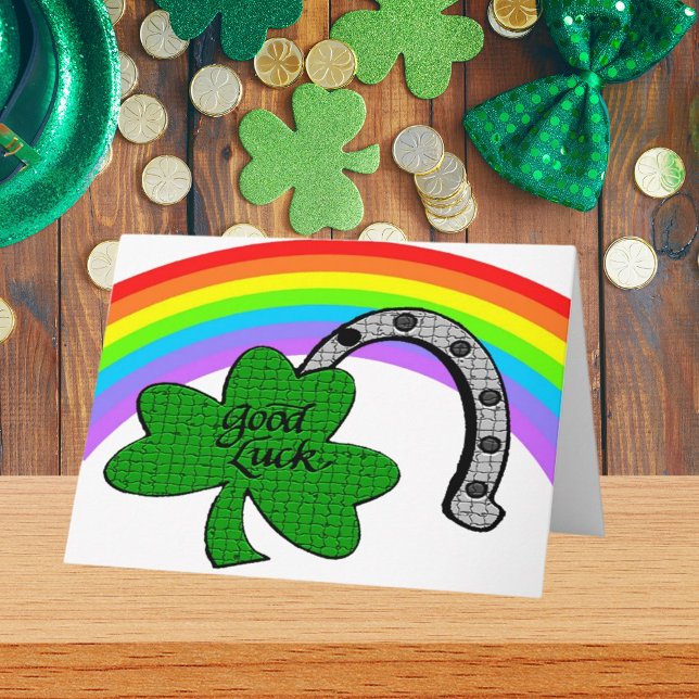 Tarjeta Buena suerte Shamrock, arcoiris y herradura (Good Luck Shamrock, Rainbow and Horseshoe Card)