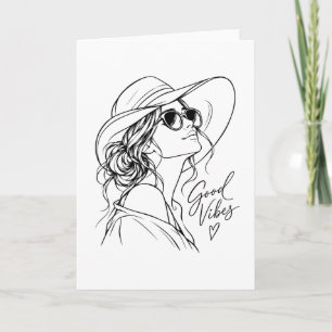 Tarjeta Buenas Vibraciones – Arte de Línea de Mujer Elegan