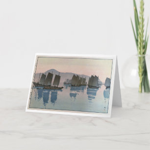 Tarjeta Buenos días en el mar, Hiroshi Yoshida, Woodcut