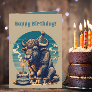 Tarjeta Búfalo de Retro Bison Happy Birday