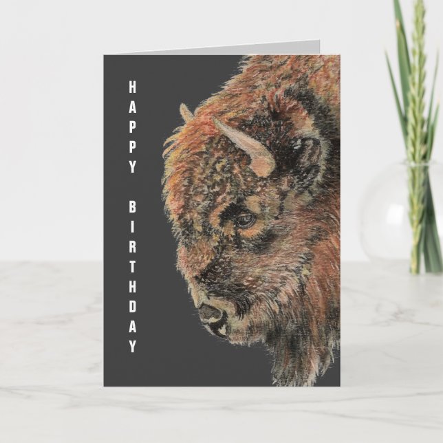 Tarjeta Búfalo general de cumpleaños, Bison, animal acuare (Anverso)