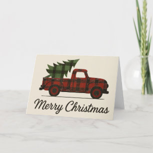 Tarjeta Búfalo Rojo a Cuadros Camioneta Vintage y Árbol de